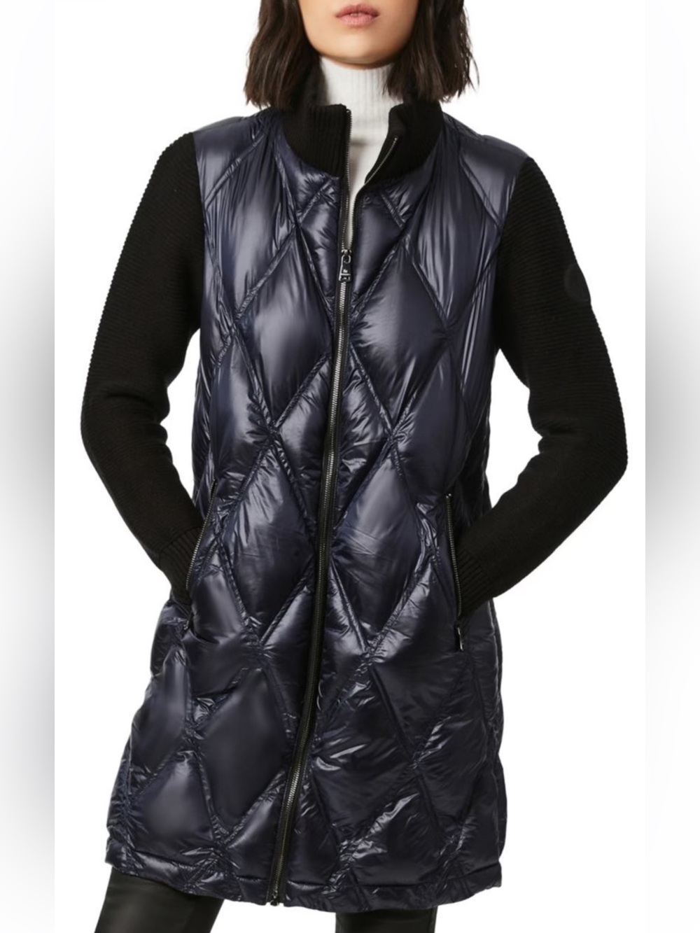 Bernardo Knit Sleeve Diamond Quilt Packable Puffer Coat in navy